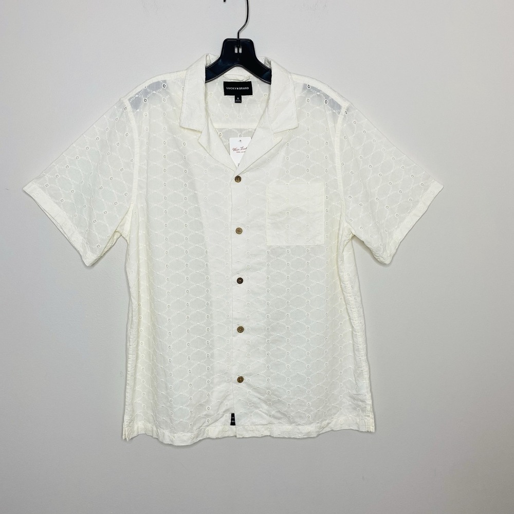 Lucky Brand Men's M Ivory Eyelet Embroidered Camp Sheer Shirt Resort Beach Boho